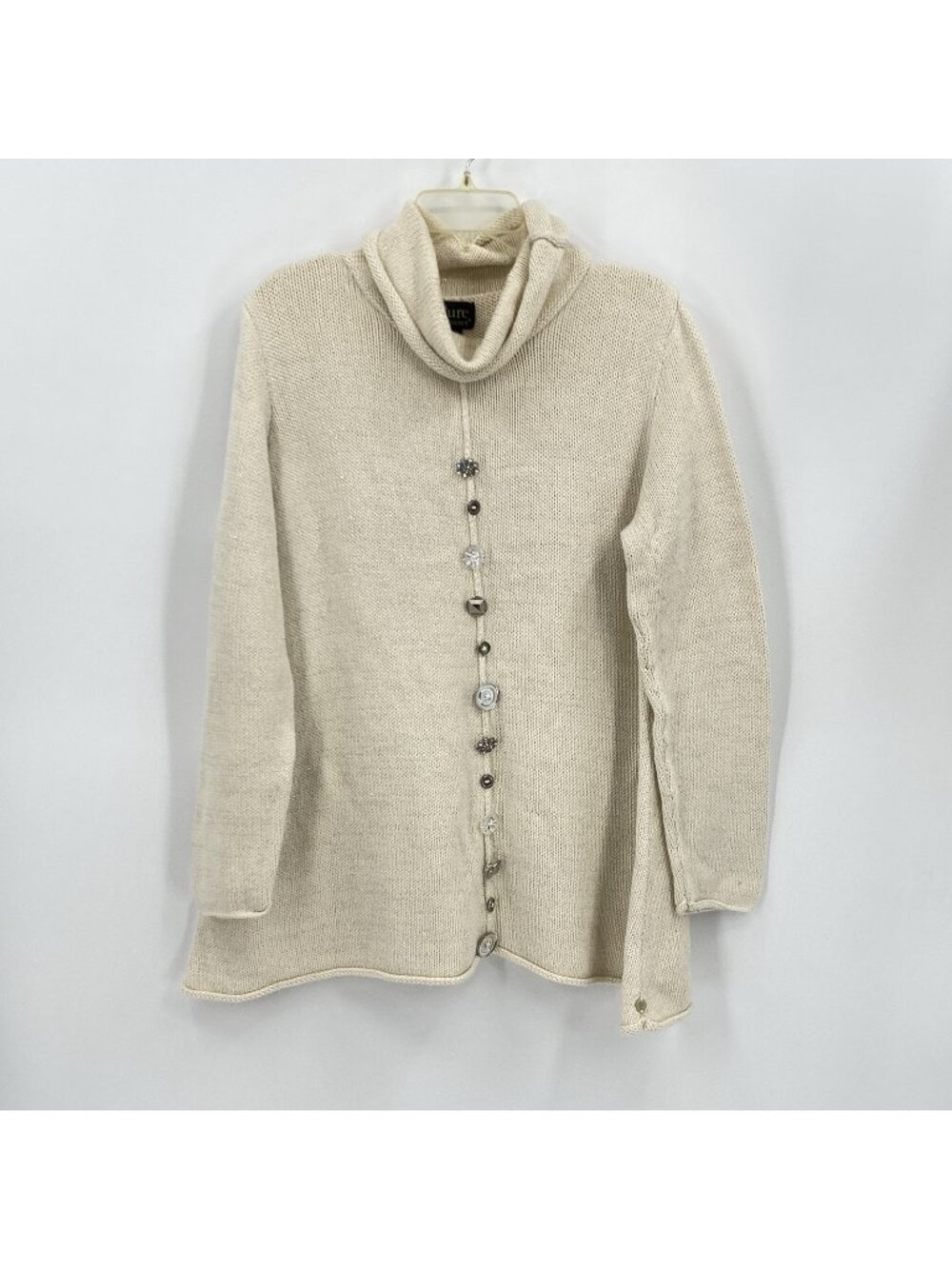 Pure Handknit Off White Turtleneck Sweater Mismatched Buttons Metallic Womens ML